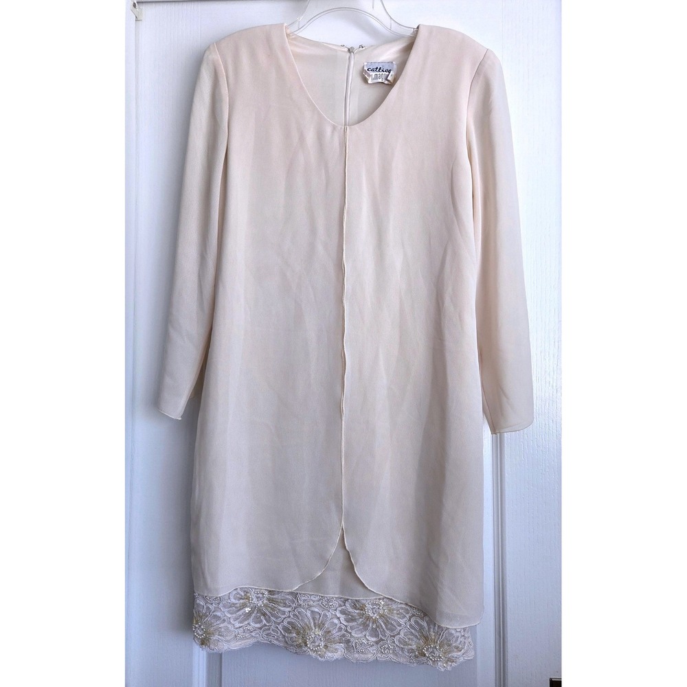 VTG 80s Cattiva I Magnin Cream Chiffon Lace Pearl Sequin Shift Dress Size 6